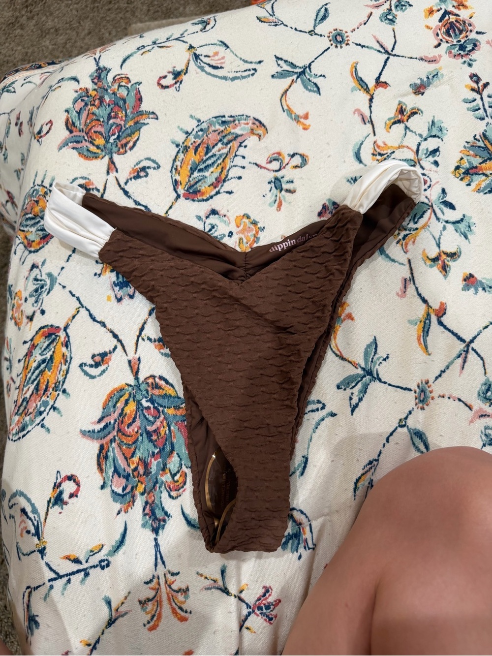 Brown Textured Bikini Bottom with White Side Panels
